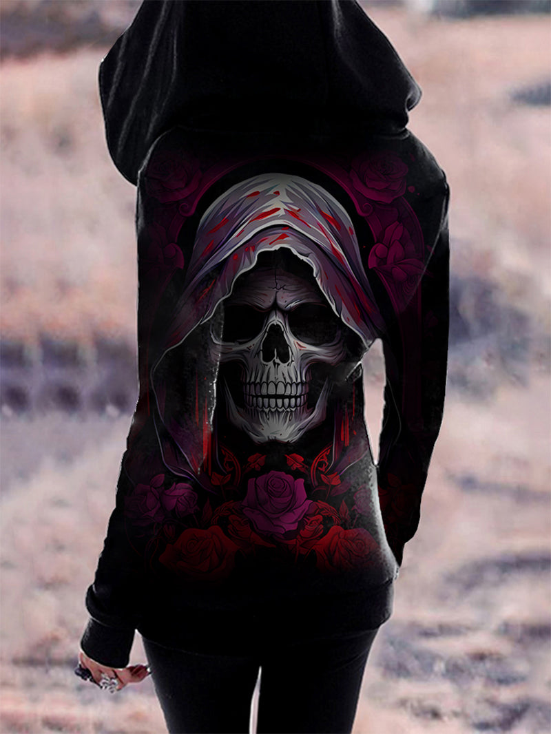 Women's Gothic Skull Wizard Red Rose Full Printed Hoodie