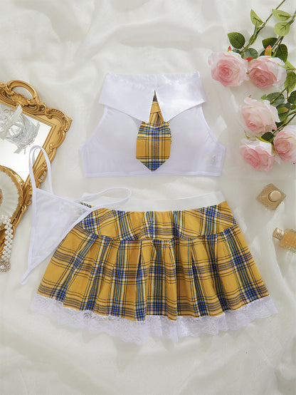 Sexy Uniform Mesh Stitching Plaid Tie Skirt Outfit