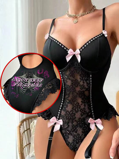 Sexy Gothic Skull Purple Rose Lace Strap Tight One-Piece Nightdress