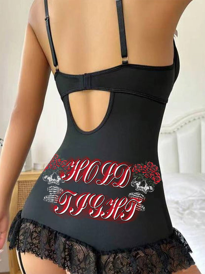 Sexy Gothic Skull Rose Lace Strap Tight One-Piece Nightdress