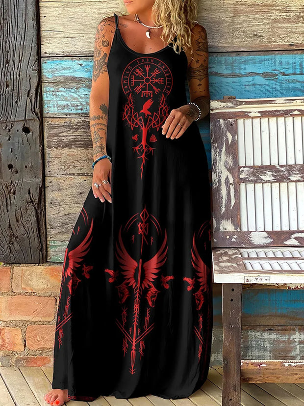 Viking Totem Print Contrast Color Suspender Dress