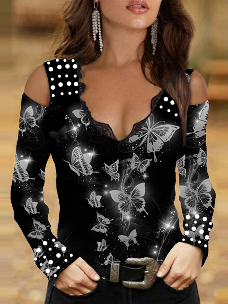 Fashion Lace Patchwork Cold-Shoulder Butterfly Print Long Sleeve