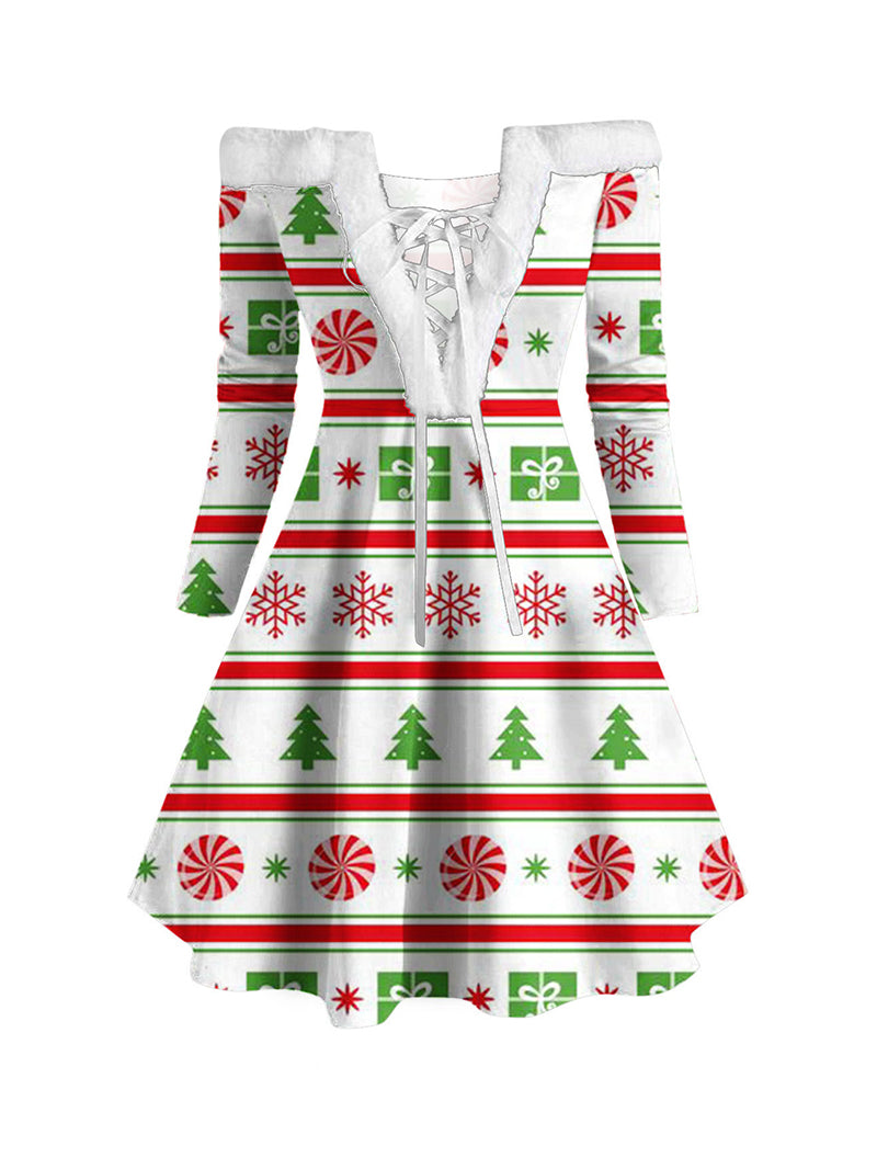 Christmas Printed Female Plush Collar Stitching Long Sleeve Tether Dress