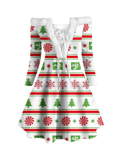 Christmas Printed Female Plush Collar Stitching Long Sleeve Tether Dress