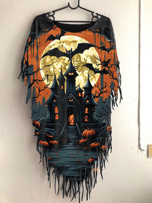 Halloween Women's Pumpkin Lamp Vine Castle Printed Floating Satin T-shirt