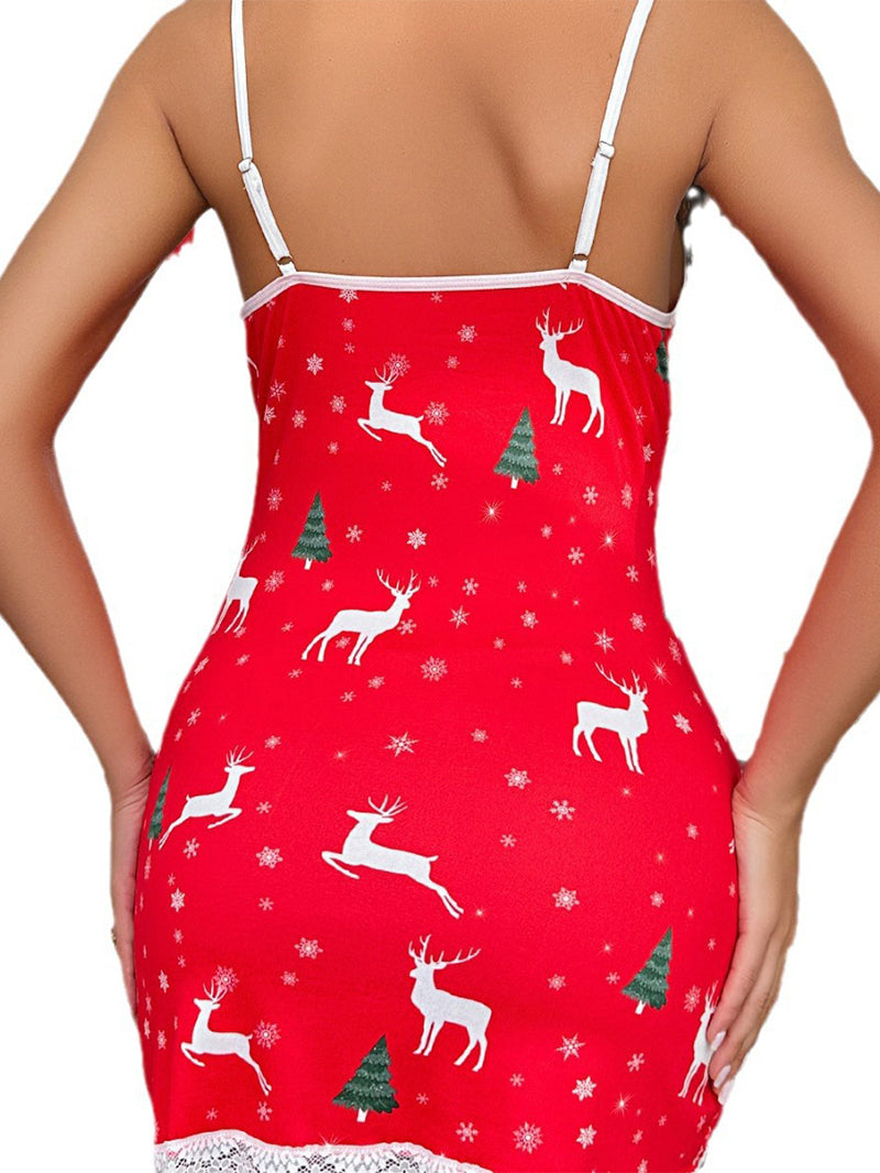 Sexy Lace Christmas Elk Printing Slip Nightdress