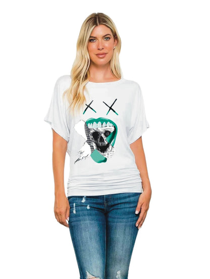 XX Skull Printed Batwing Sleeve round Neck Short Sleeve T-shirt