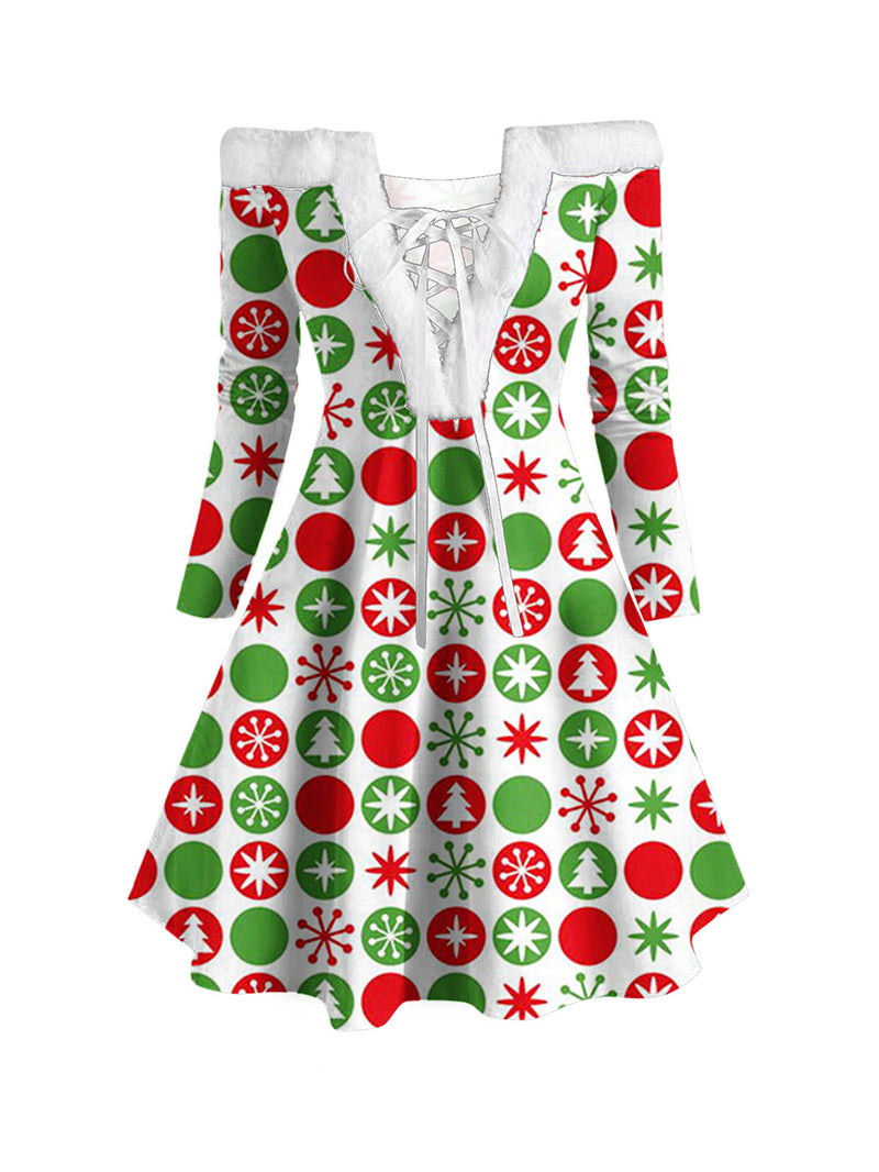 Christmas Printed Female Plush Collar Stitching Long Sleeve Tether Dress