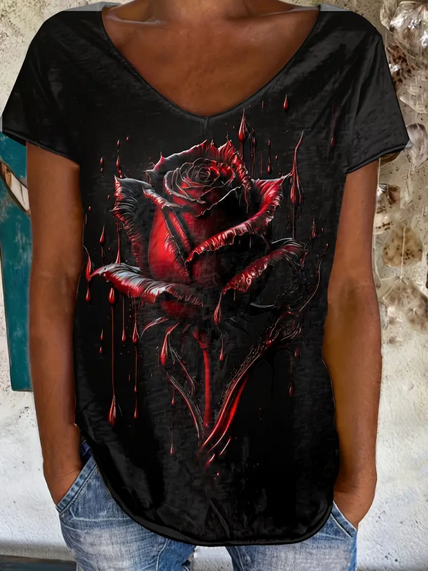 Kurzärmliges T-Shirt mit Gothic-Rosen-Print 