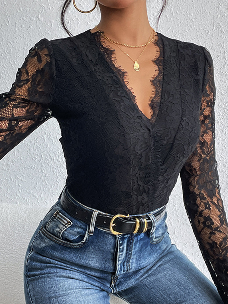 Fashion Women's Wear Lace Long Sleeve Tight Jumpsuit