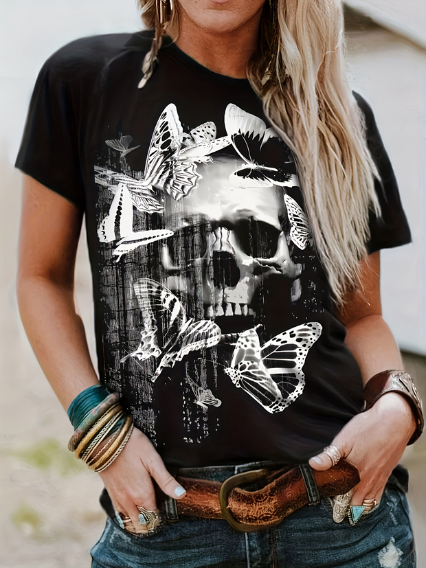 Kurzärmliges T-Shirt mit Gothic-Schmetterlings- und Totenkopf-Print 