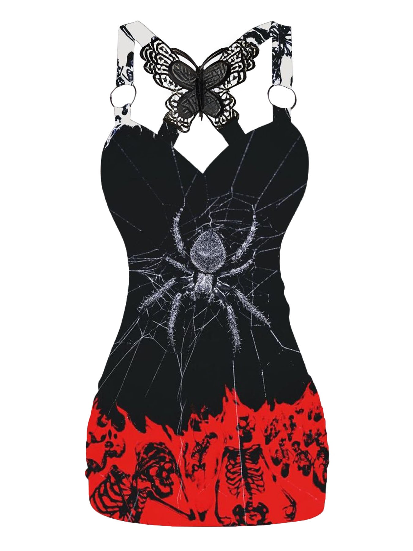 Spider Web Printed V-neck Sexy Butterfly Back Dress