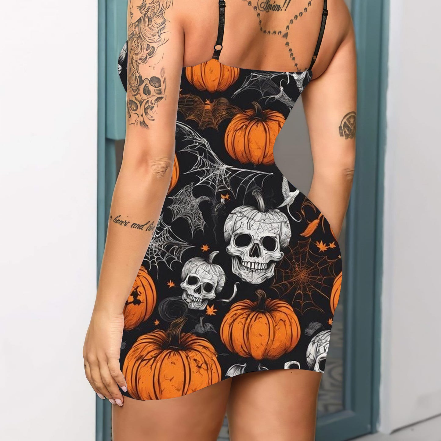 Halloween Pattern Print V-neck Eyelet Lace-up Suspension Dress