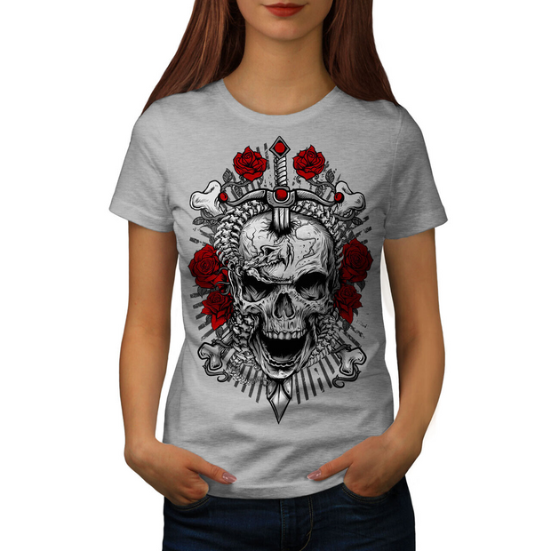 Pink Sword Snake Flower Skull Printed Short-Sleeve T-shirt