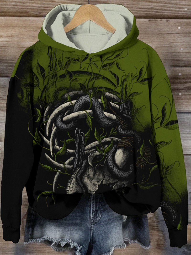 Women's Fashion Gothic Thorn Snake Surround Skull Hooded Sweatshirt