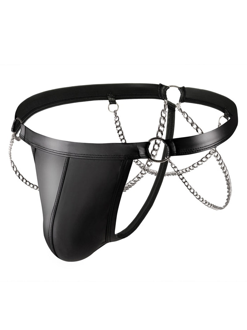 Men's Sexy Chain Decoration Patent Leather Hollow T-Back Panties