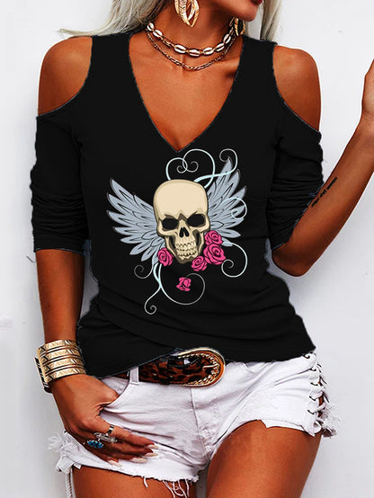 Skull Punk Angel Sexy V-neck off-the-Shoulder T-shirt