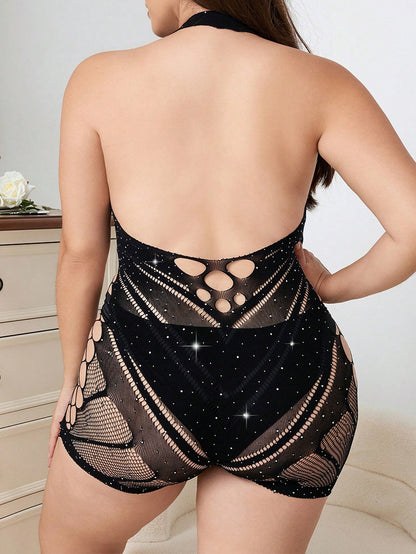 Sexy plus Size Fishnet Clothes Halter Rhinestone Jumpsuit