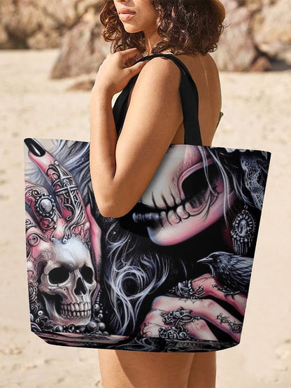 Lady Gothic Dark Girl Skull Print Large Capacity One Shoulder Shopping Bag