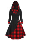 Fashion Plaid Button Patchwork Turtleneck Hooded Mid-Length Dress