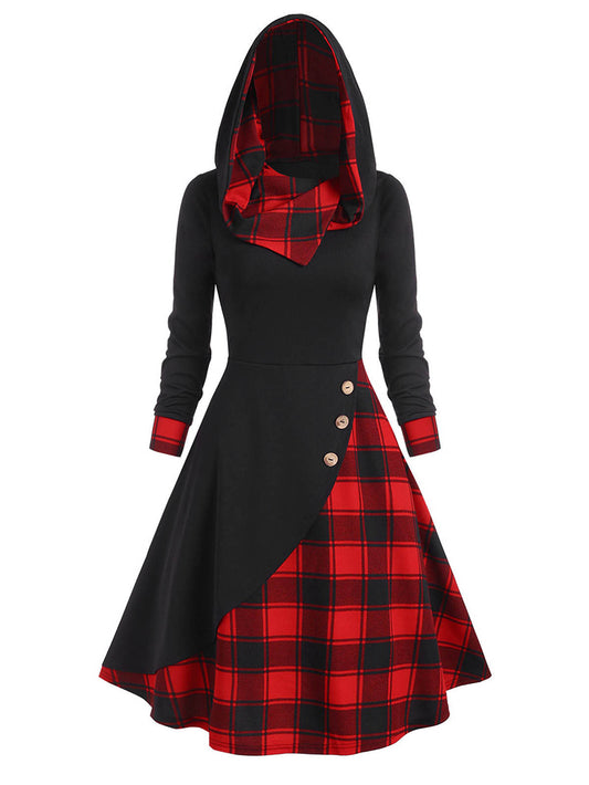 Fashion Plaid Button Patchwork Turtleneck Hooded Mid-Length Dress