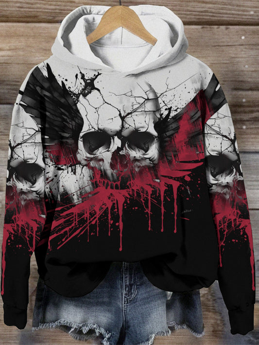 Women's Fashion Gothic Tie-Dye Skull Black Wings Hooded Sweatshirt