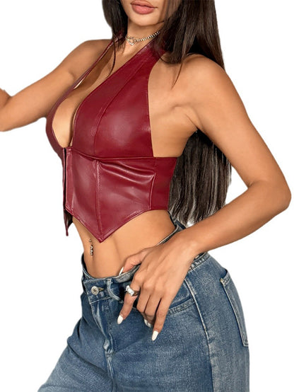 Sexy PU Leather Halter Row Button Diamond Top