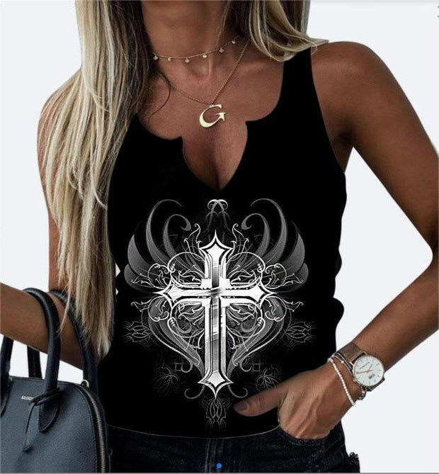 Gothic Style Cross Printed Sexy round Neck V-neck I-Shaped Vest