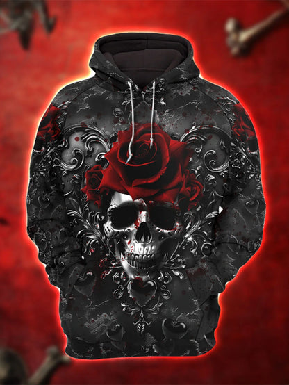 Women's Gothic Skull Red Rose Hoodie Pants Outfit