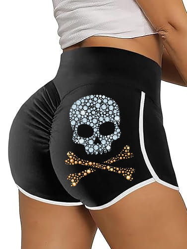 Crossbones Skull Print High Waist Tummy Control Track Shorts