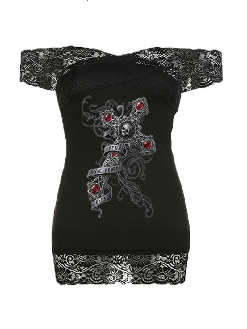 Skull Ross & Cross Printed Sexy Lace Stitching Hip Dress