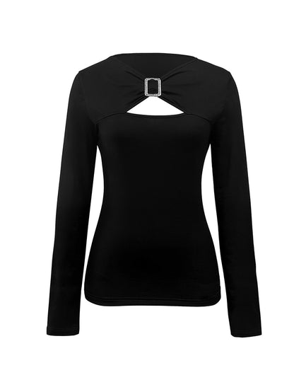 Fashion Sexy Solid Color Rhinestone Hollow out Long Sleeve T-shirt