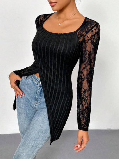 Lace Stitching Irregular Hem Long Sleeve T-shirt