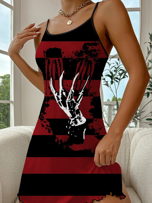 Gothic Skull & Stripe Print Backless Ruffle Lounge Dress