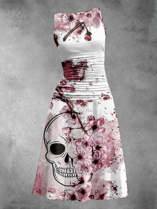 Pink Plum Blossom Skull Printed Pleated Vest Dress