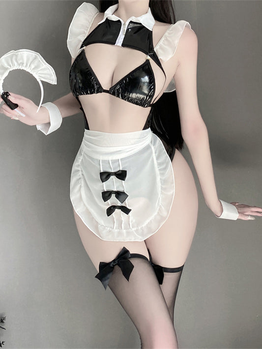 Sexy Patent Leather Bow Apron Maid Underwear Suit