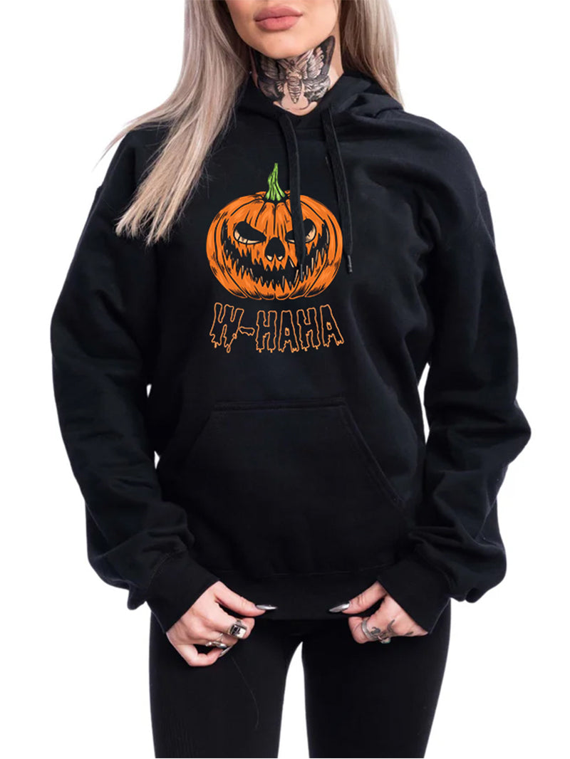 Halloween Women W-HAHA Pumpkin Print Hoodie