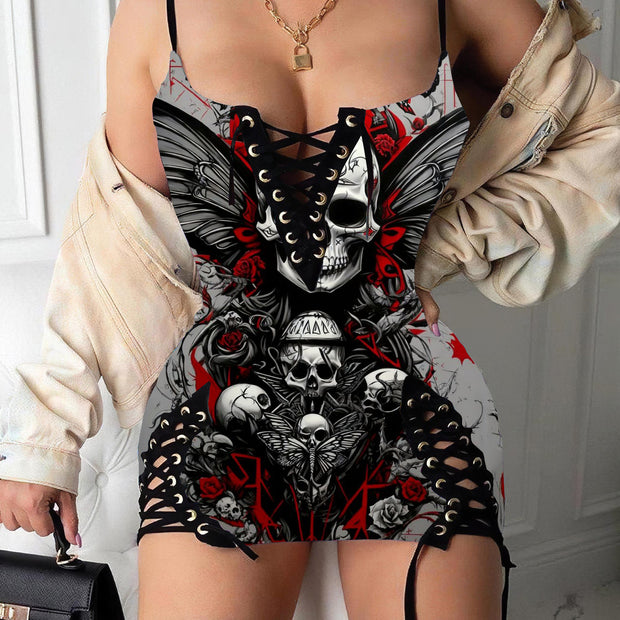 Gothic Skull Print V-neck Eyelet Lace-up Suspension Dress