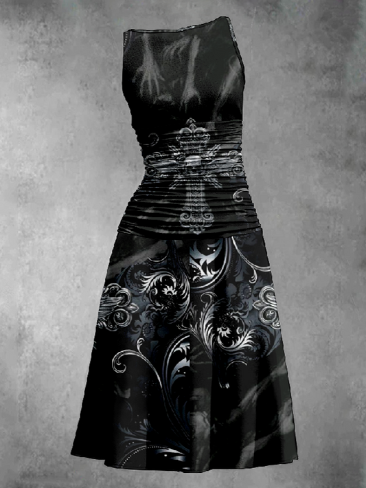 Gothic Cross Pattern Printed Pleated Vest Dress