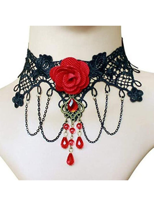 Gothic Style Lace Rose Crystal Necklace