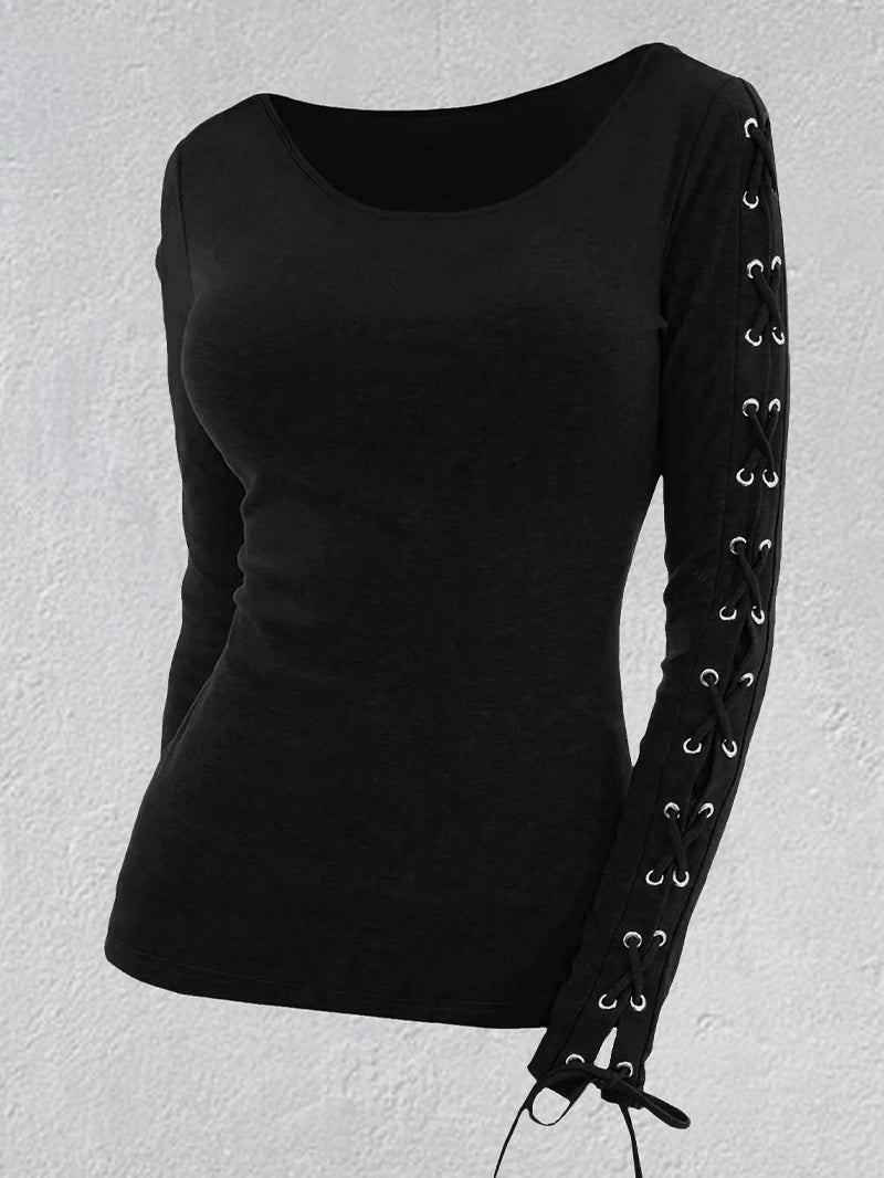 Fashion Black Slim Fit Strap Long-Sleeved T-shirt