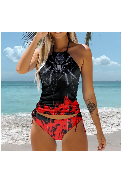 Spider Web Flame Printing Sexy Split Swimsuit