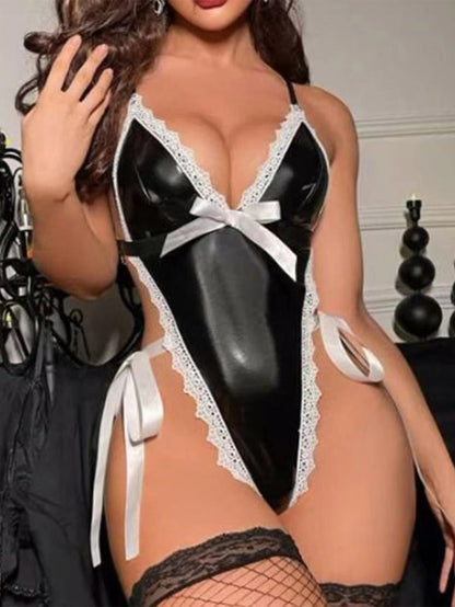 Sexy Patent Leather Lace Trim Jumpsuit Suit