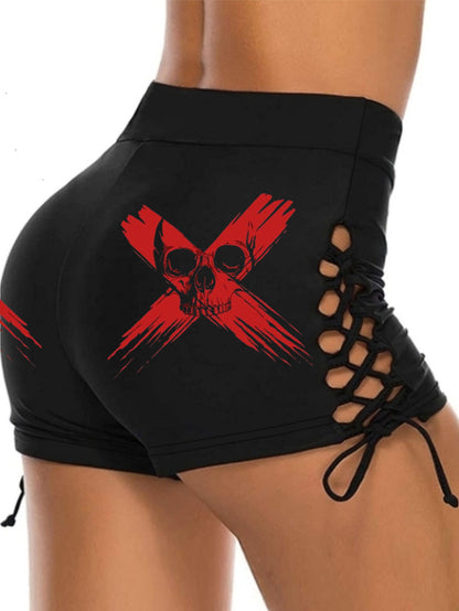 Red Cross Skull Printed Lace up Shorts