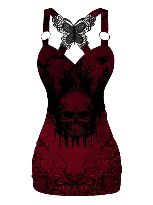 Gothic Horror Red Skull Printed V-neck Sexy Butterfly Back Dress