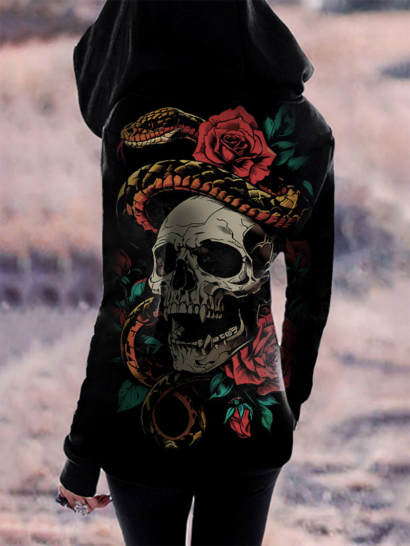 Women's Gothic Snake Skull Red Rose Full Printed Hoodie