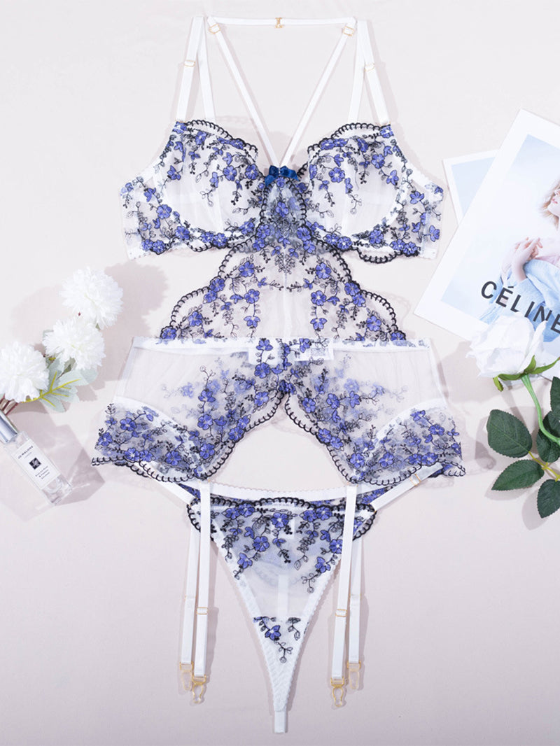 Mesh See-through Sexy Embroidery Jumpsuit Suit