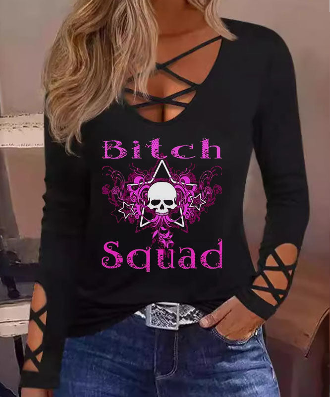 Sexy Skull Bitch Squad Tied Long Sleeves Tops