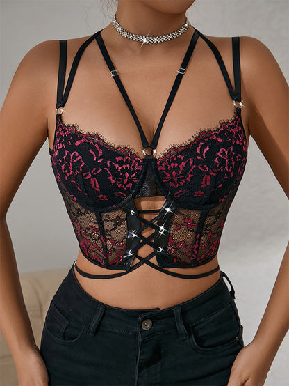 Sexy Embroidery Lace See-through Chest-Wrapped Steel Ring Vest Top