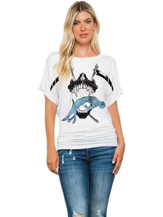 Sickle Fangs Printed Batwing Sleeve round Neck Short Sleeve T-shirt